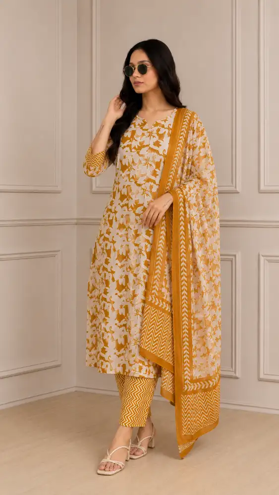Women's Cotton Floral Printed A-Line Kurta with Pant and Dupatta Set 